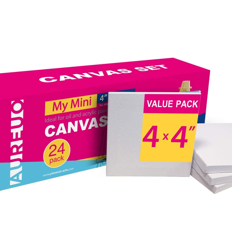 AUREUO Mini Stretched Canvas - 4x4 Inch/24 Pack - 2/5 Inch Profile Small Square Canvas - Gift Set Bulk Pack Canvases for Acrylic Painting & Craft - Image 1